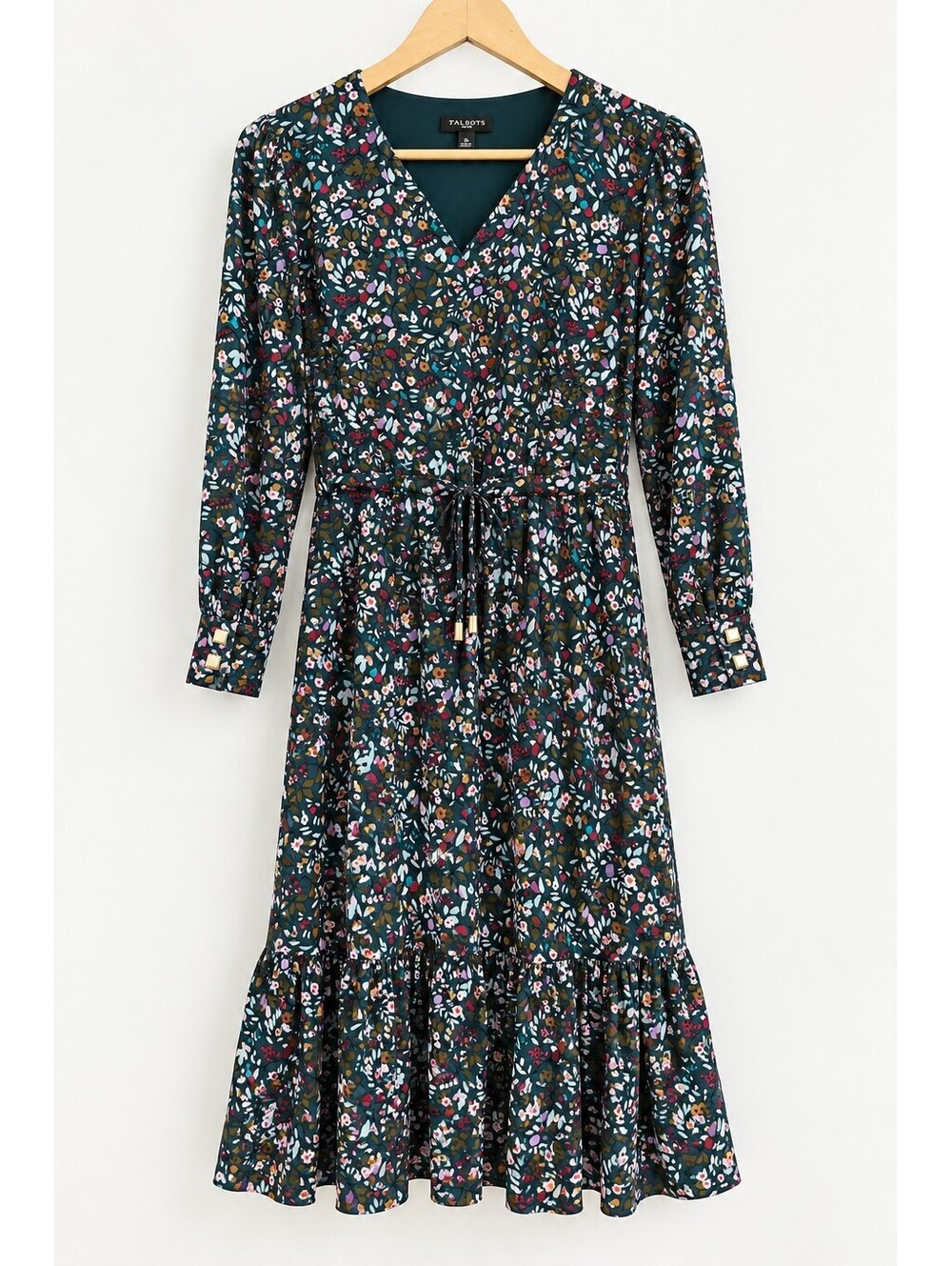 Talbots Women's Floral Midi Dress with Long Sleeves and Ruffle Hem